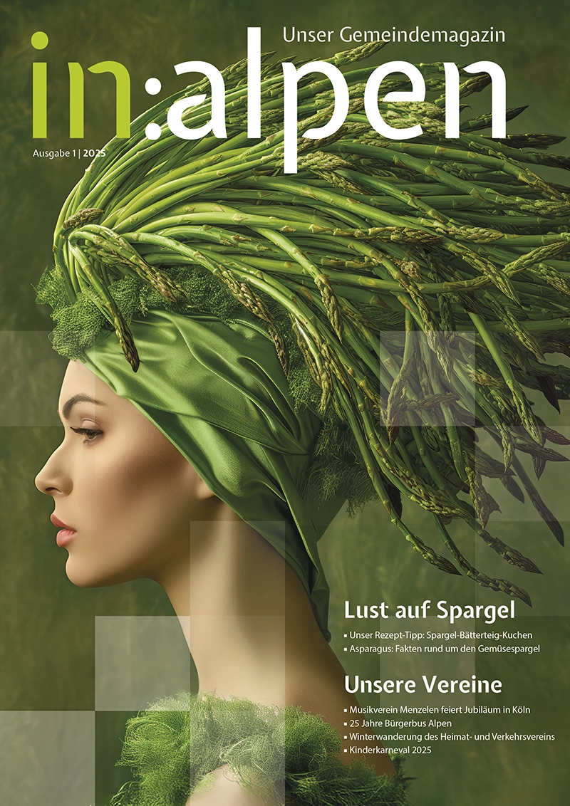 Titelbild des Gemeindemagazins „in:alpen“, Ausgabe 1/2025. Eine Frau im Profil trägt eine aufwändige Kopfbedeckung aus grünem Spargel und grünem Stoff. Die Bildkomposition ist in Grüntönen gehalten. Text auf dem Cover kündigt Artikel über Spargel, Vereinsleben und lokale Ereignisse an.
